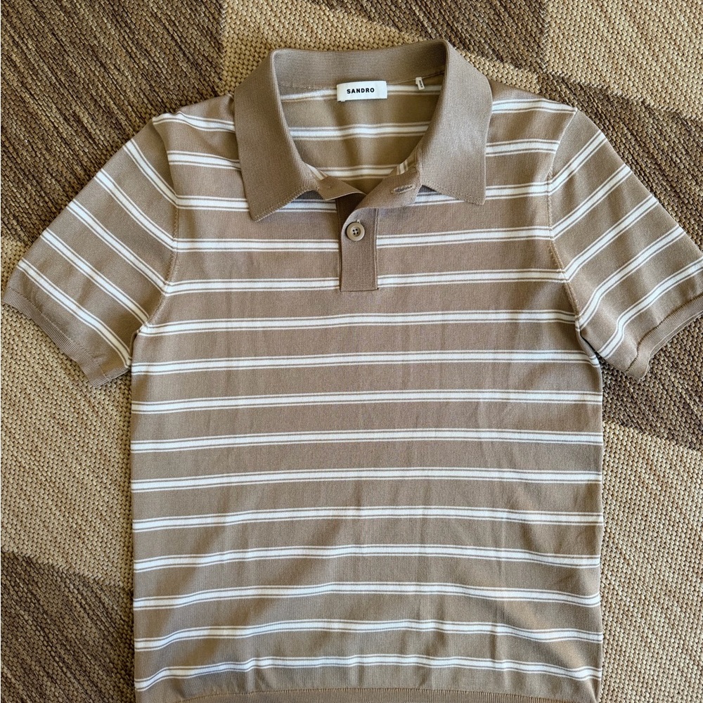 Sandro Beige and White Men’s  Striped Polo Shirt